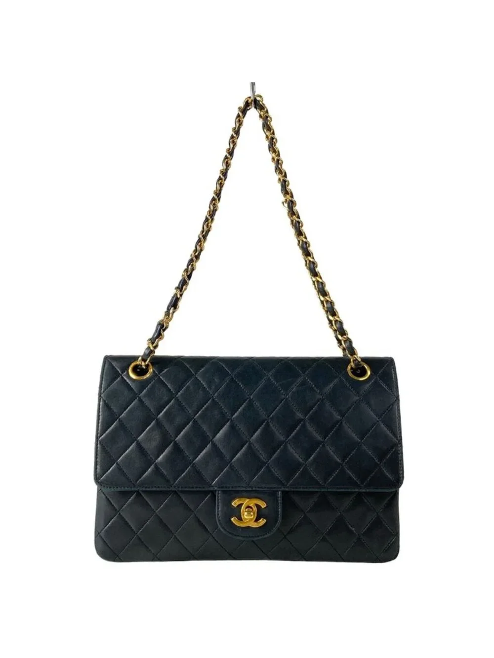 Chanel Shoulder Bag Double Flap Quilted Black Chain Gold Lambskin